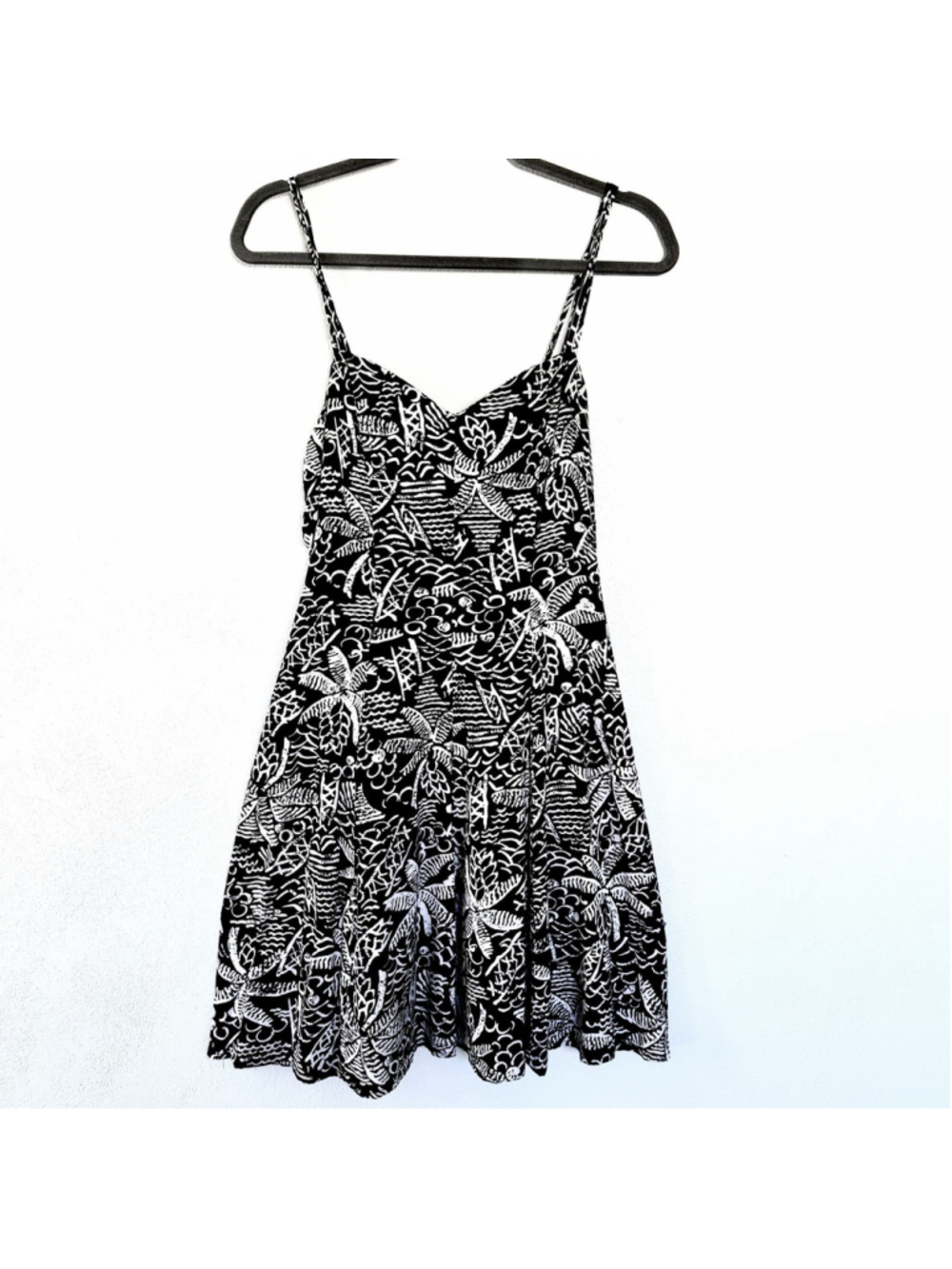 Vintage 90s Black White Tropical Palm Dress Womens M Mini Strappy USA Made Retro